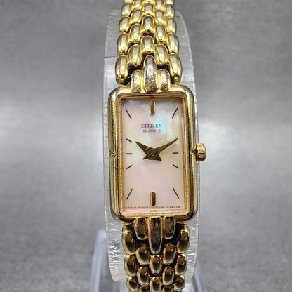 Citizen Tank Watch Women 13mm MOP Dial Gold Tone Rectangle 5421S036505 New Batt0