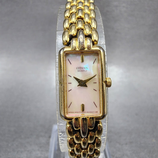 Citizen Tank Watch Women 13mm MOP Dial Gold Tone Rectangle 5421S036505 New Batt0