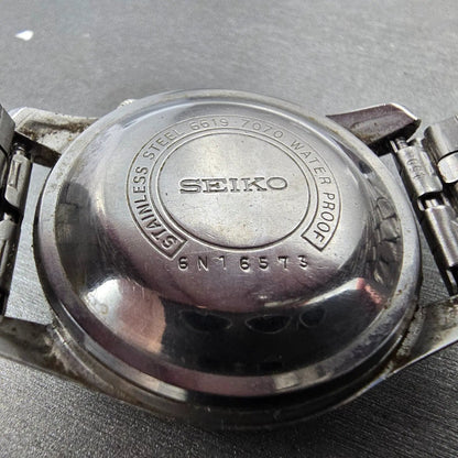Seiko 5 Sportsmatic Watch Men 36mm Black Dial Silver Tone Daydate 6619-7070 Runs9