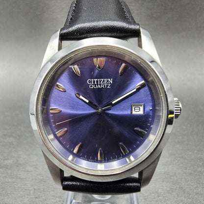 Citizen Watch Men 35mm Blue Dial Silver Date 2510-S99400 Leather New Battery JP0