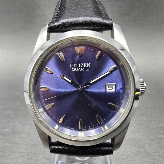 Citizen Watch Men 35mm Blue Dial Silver Date 2510-S99400 Leather New Battery JP0