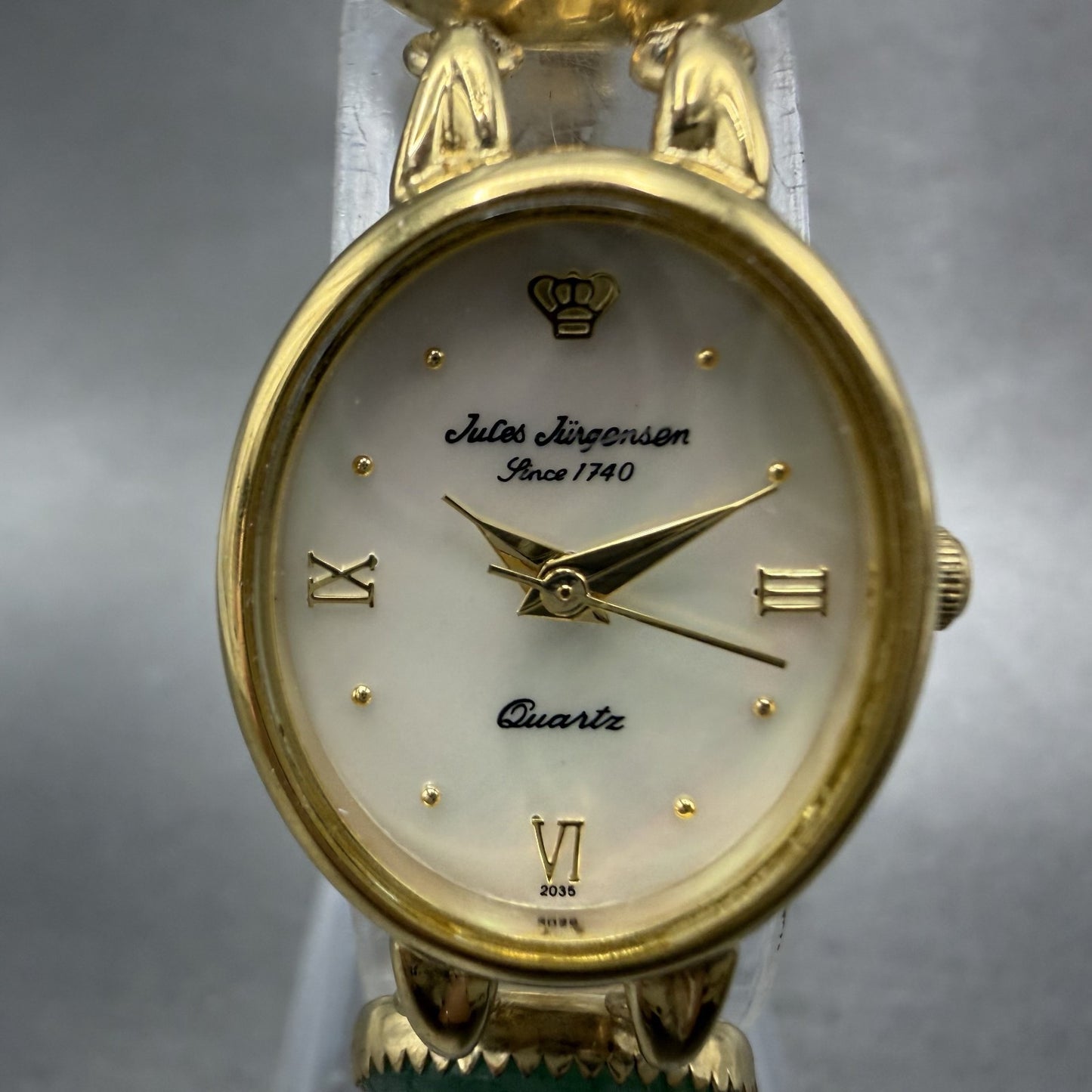 Jules Jurgenson Watch Women 19mm MOP Dial Gold Tone Oval Gem Stones New Battery1