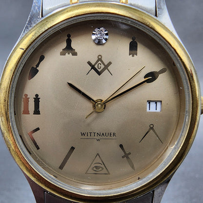 Wittnauer Masonic Watch Men 33mm Champagne Dial Two Tone Date Round New Battery1