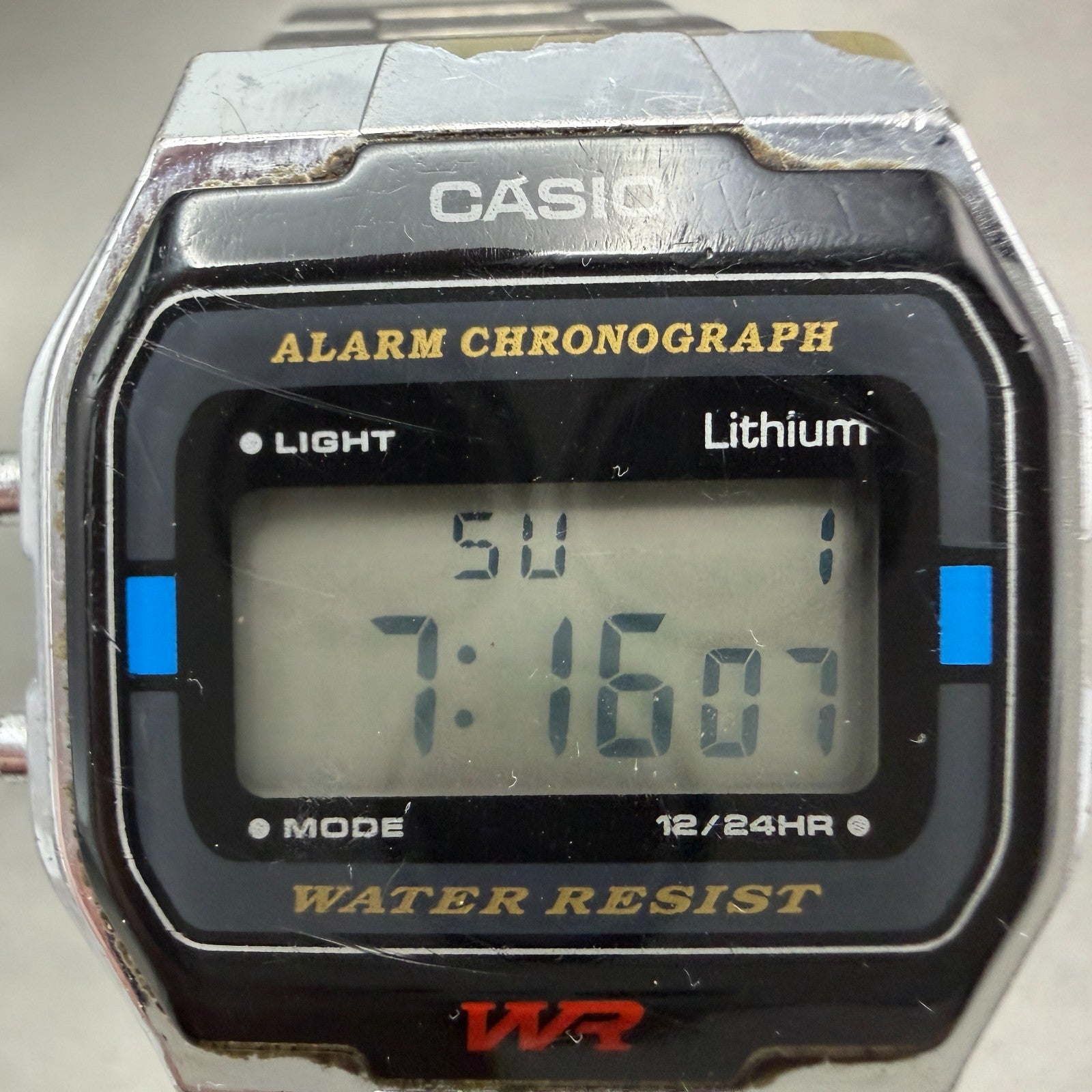 Casio A163W Watch Men 33mm Digital Silver Tone Alarm Chrono Octagon New batt VTG1