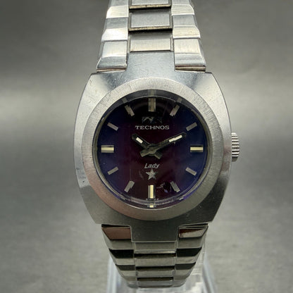 Technos Watch Women 23mm Blue Dial Steel Round Manual Wind Runs Vintage0