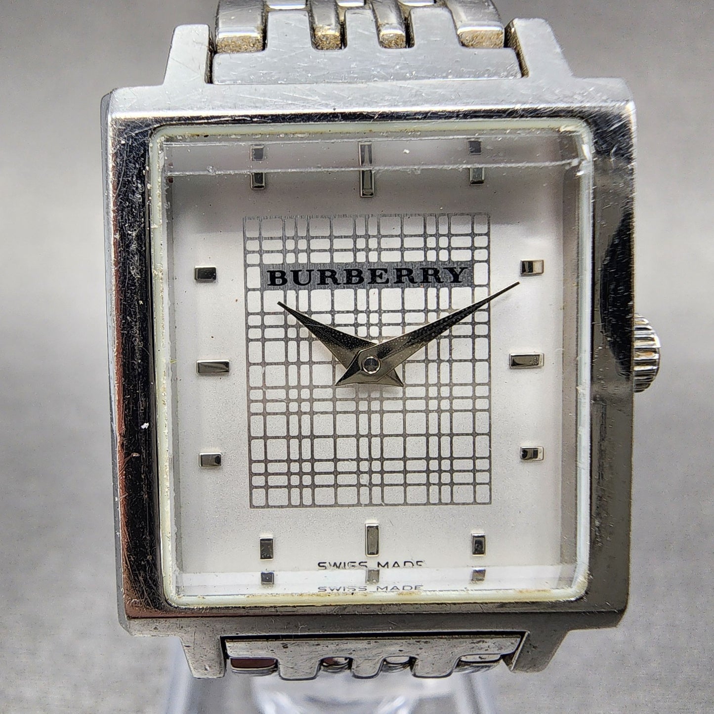 Burberry The City Tank Watch Women 24mm White Dial Steel Rectangle New Battery