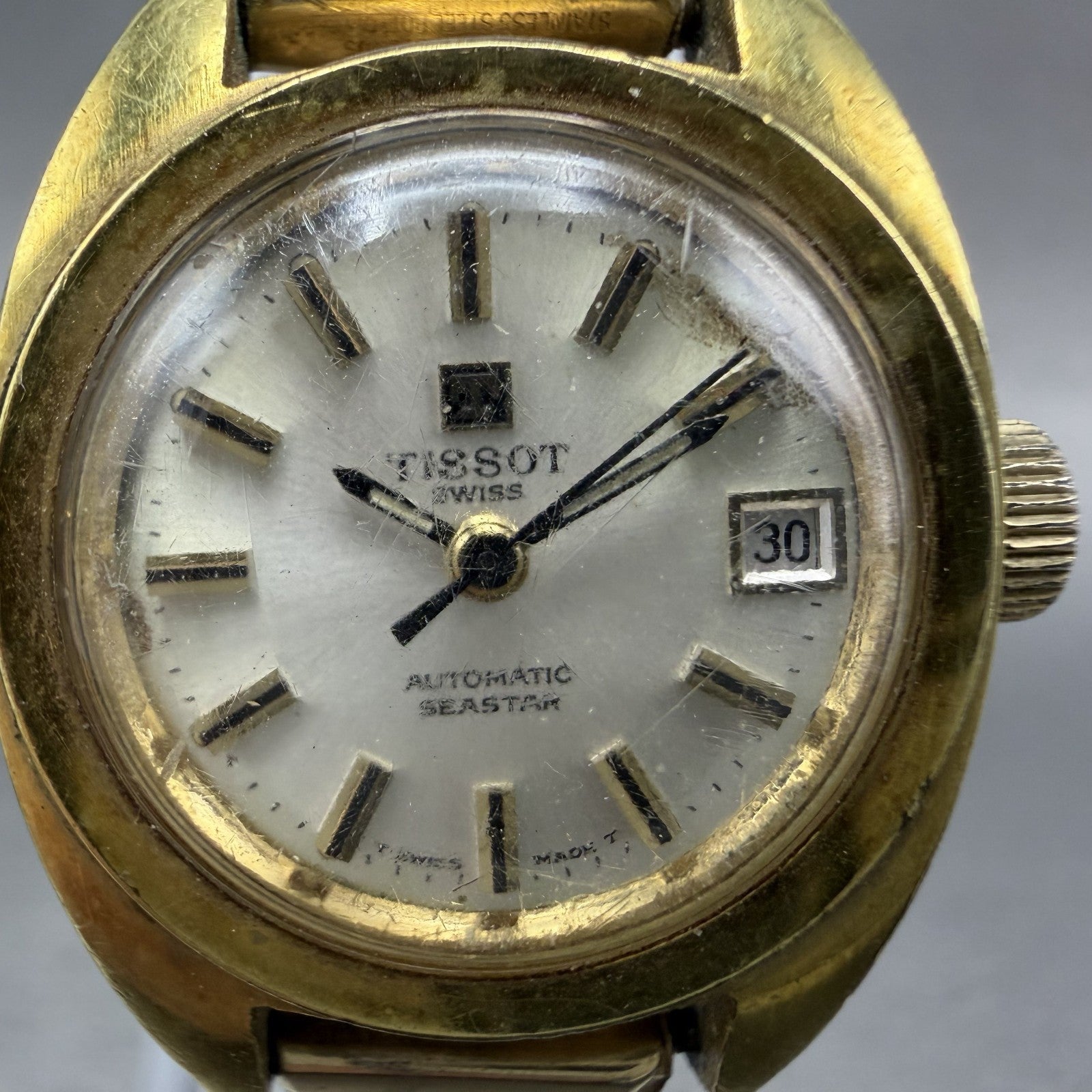 Tissot Seastar Automatic Watch Women 23mm Silver Dial Gold Tone Date PARTS READ!1