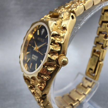 Benrus Gold Nugget Watch Women 23mm Black Dial Gold Tone Round New Battery2