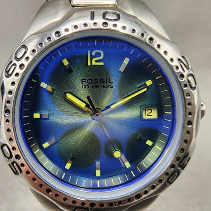 Fossil Blue Dive Watch Women 29mm Blue Dial Silver Tone Date AM3457 New Battery1