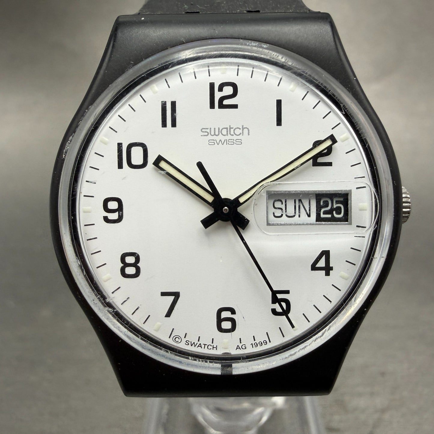 Swatch Once Again Watch Men 34mm White Dial Black Daydate GB743 Round New Batt0