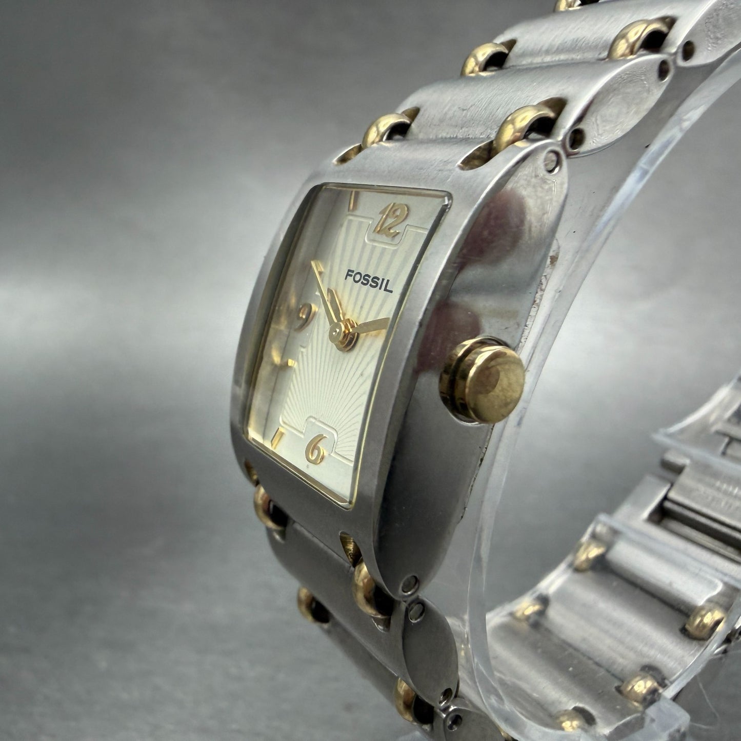 Fossil Tank Watch Women 18mm Champagne Dial Two Tone Rectangle ES-1417 New Batt2