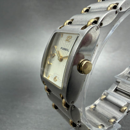 Fossil Tank Watch Women 18mm Champagne Dial Two Tone Rectangle ES-1417 New Batt2