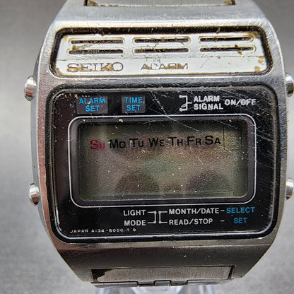 Seiko Digital Watch Men 34mm Digital Steel Alarm A134-5009 Rectangle PARTS