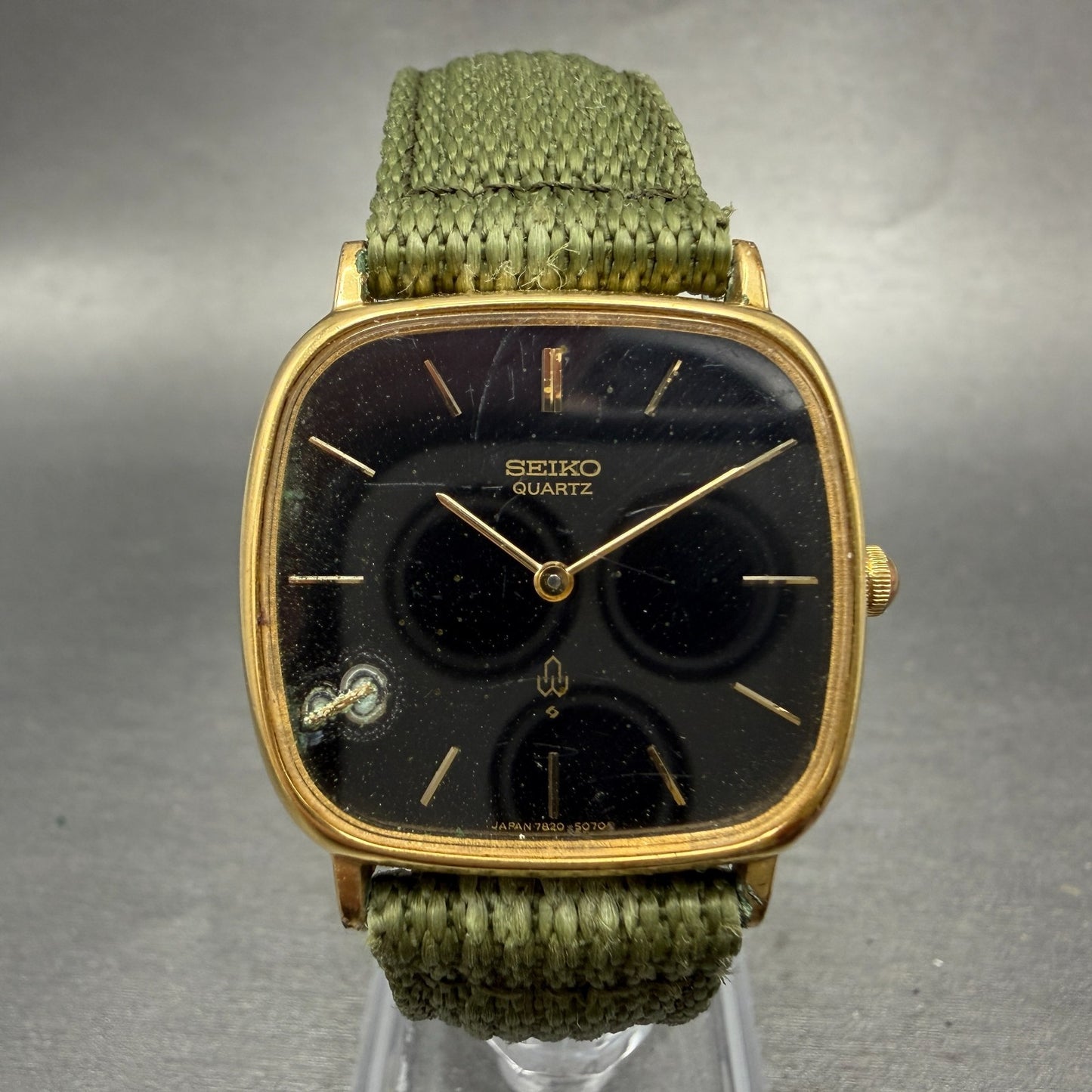 Seiko Watch Men 31mm Black Dial Gold Plated Rectangle 7820-5050 New Battery GF60