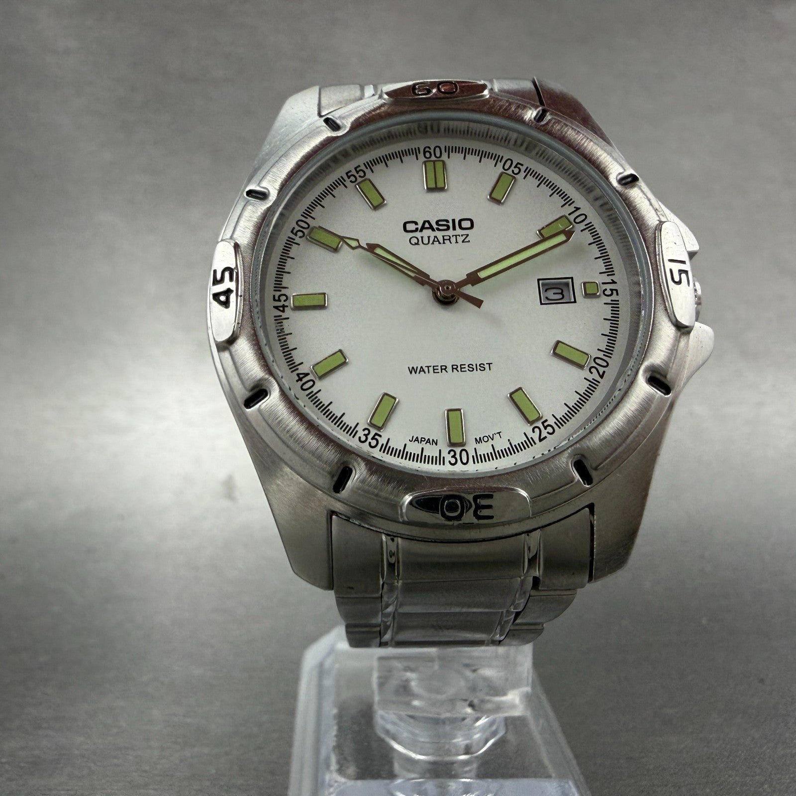 Casio Dive Watch Men 41mm White Dial Silver Tone Date Round MTP-1244 New Batt 7Q5