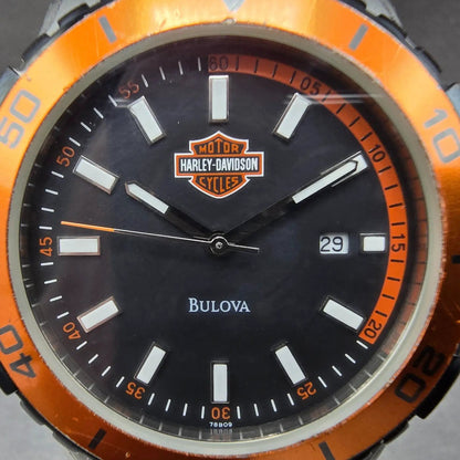 Bulova Harley Davidson Watch Men 42mm Black Dial Silver Tone Date 78B09 New Batt1