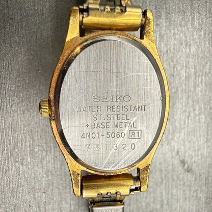 Seiko Watch Women 20mm Champagne Dial Gold Tone Oval 4N01-5060 New Battery VTG10