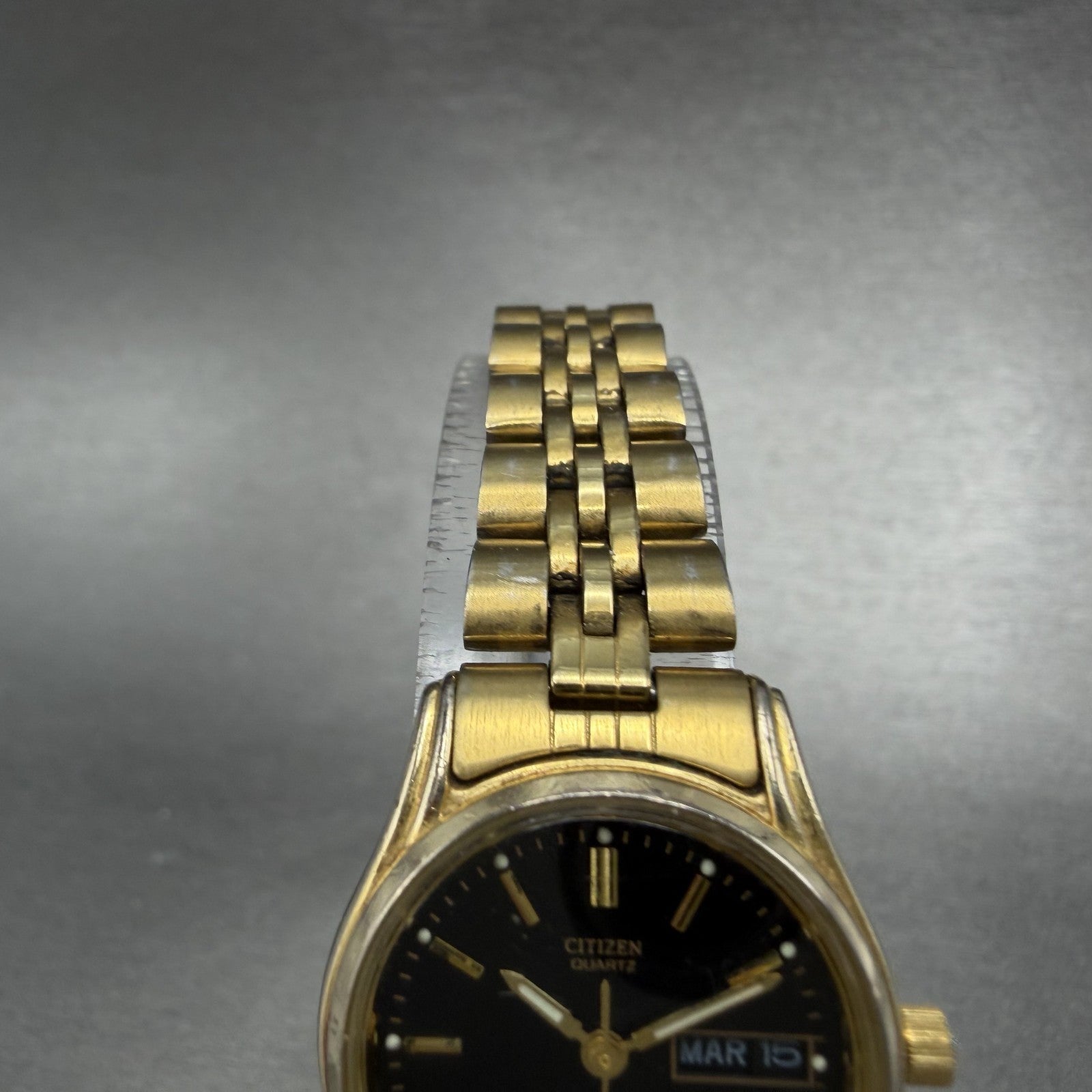 Citizen CQ Watch Women 23mm Black Dial Gold Tone Daydate 6000-S38231 NewBatteryA4