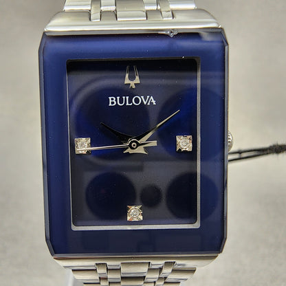Bulova Quadra Tank Watch Women 21mm Blue Dial Silver Tone Rectangle 96P187 CHIP1