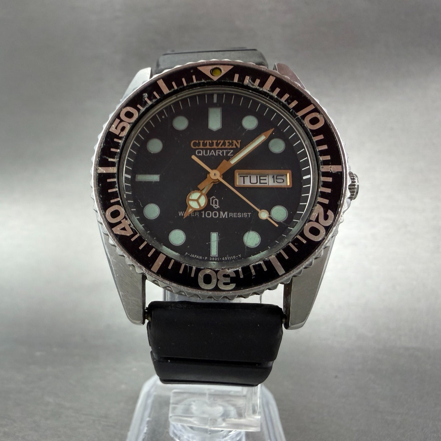 Citizen CQ Dive Watch Men 38mm Black Dial Steel Daydate 3801-450671 PARTS6