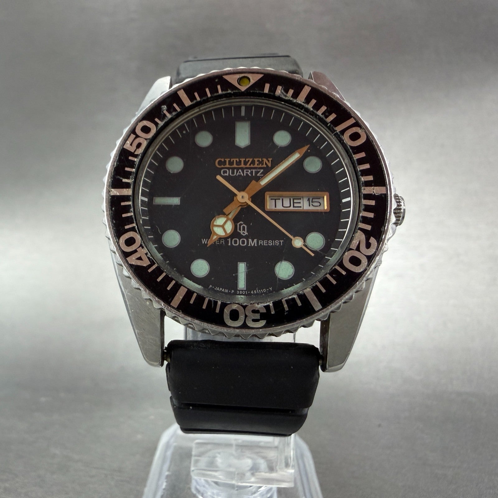 Citizen CQ Dive Watch Men 38mm Black Dial Steel Daydate 3801-450671 PARTS6