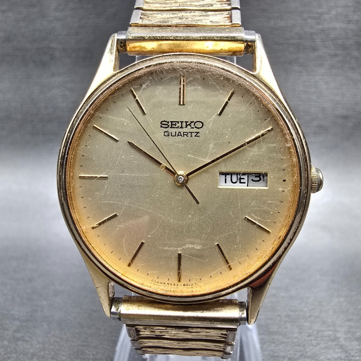 Seiko Watch Men 33mm Champagne Dial Gold Tone Daydate Round 6533-8019 New Batt0
