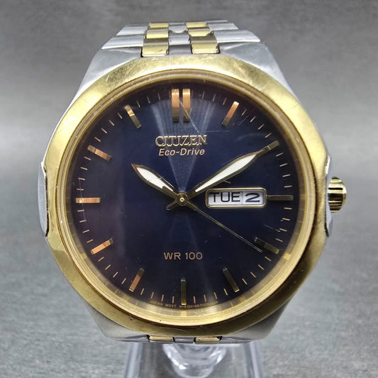 Citizen Eco-Drive Watch Men 39mm Black Dial Two Tone Daydate E101-S044294 READ!!0