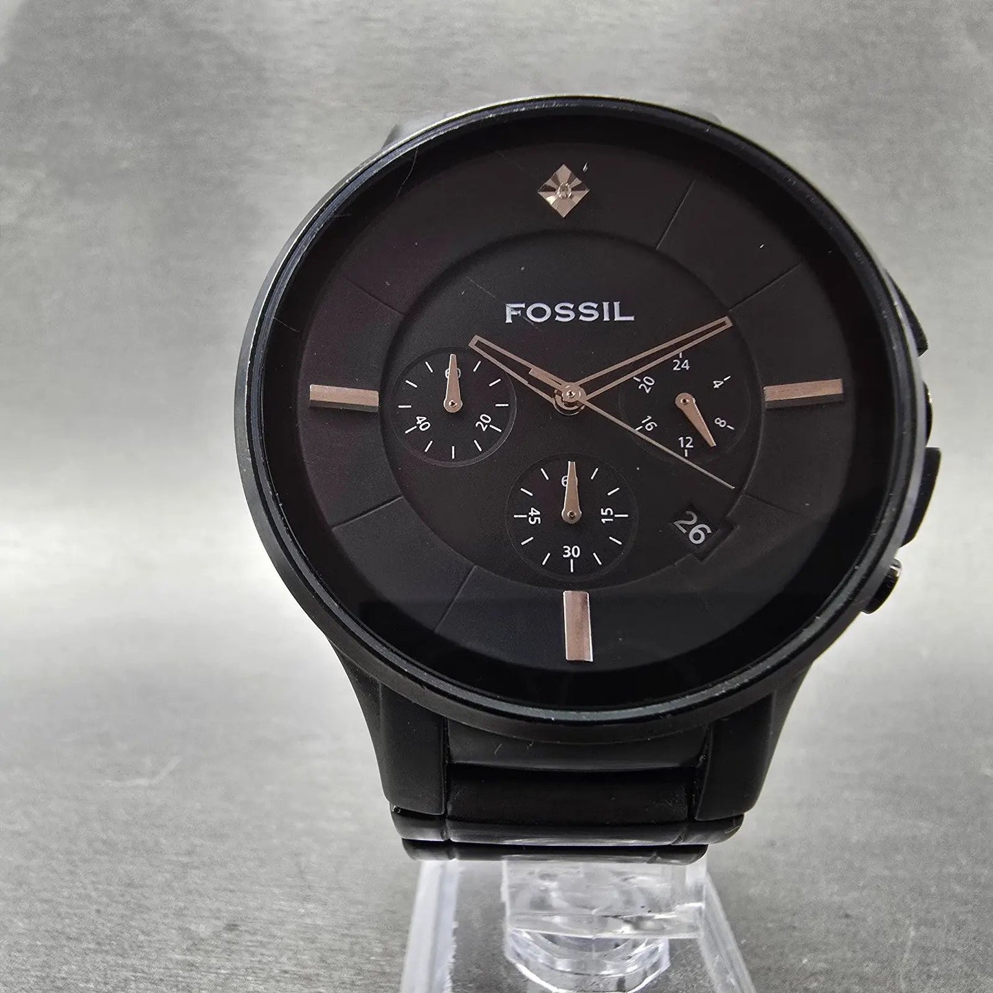 Fossil Chronograph Watch Men 43mm Black Dial Black Tone FS-4344 New Battery5