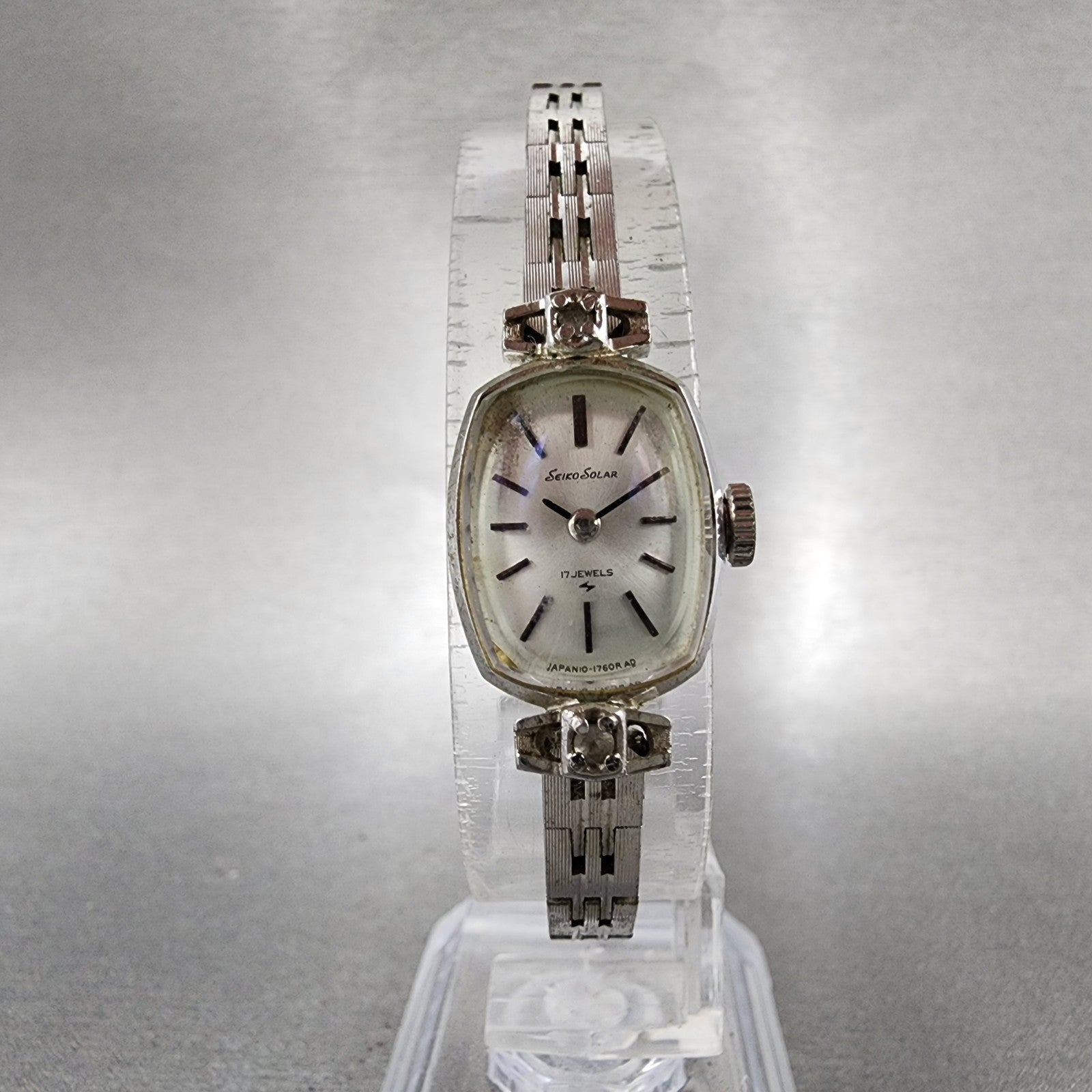 Seiko Solar Watch Women 15mm Silver Dial White Gold Plated Manual Wind Runs5