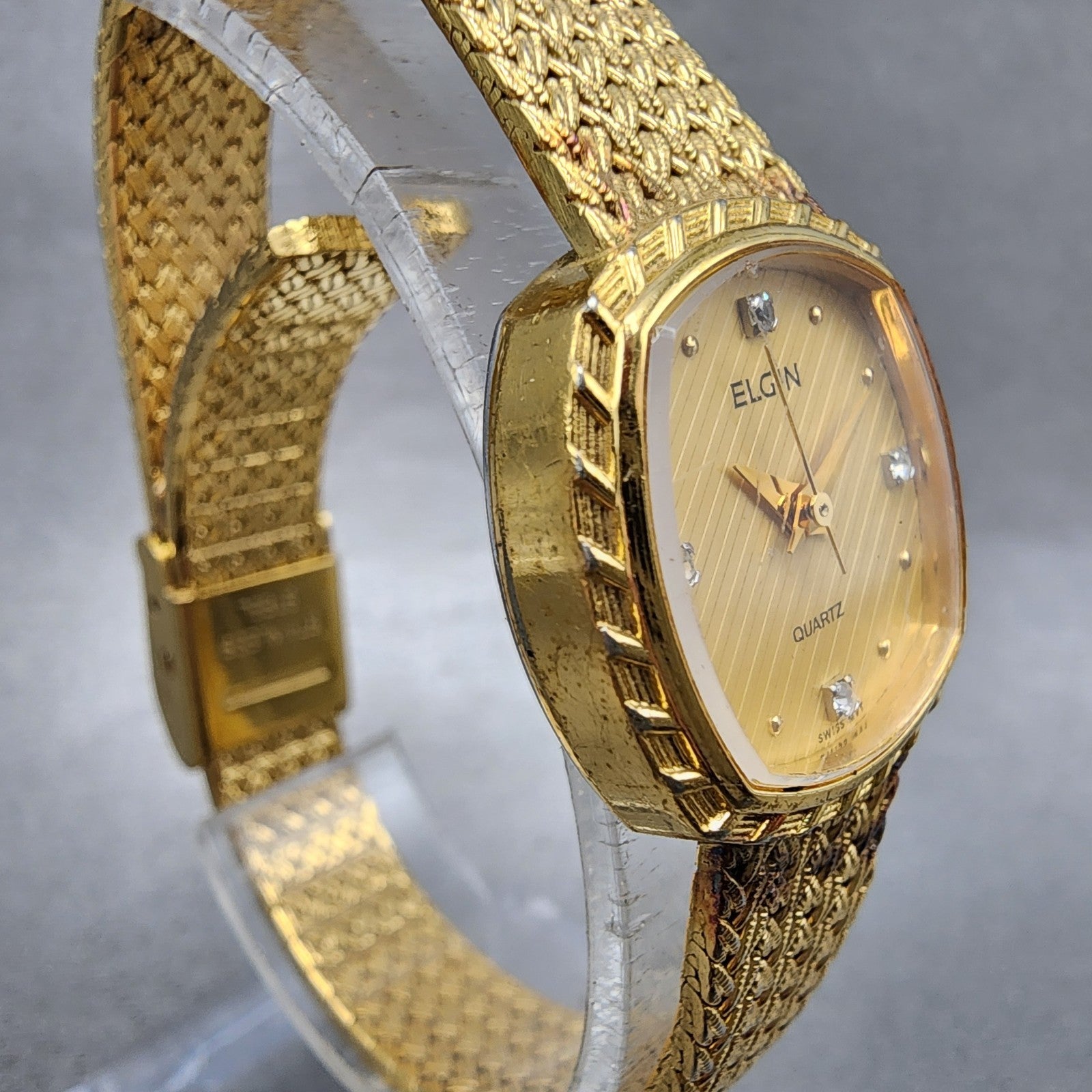 Elgin Watch Women 22mm Gold Dial Gold Tone Rectangle FK267 New Battery VTG3