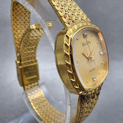 Elgin Watch Women 22mm Gold Dial Gold Tone Rectangle FK267 New Battery VTG3