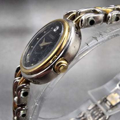 Seiko Watch Woman 20mm Black Dial Two Tone Round 1N00-1D99 New Battery Vintage2