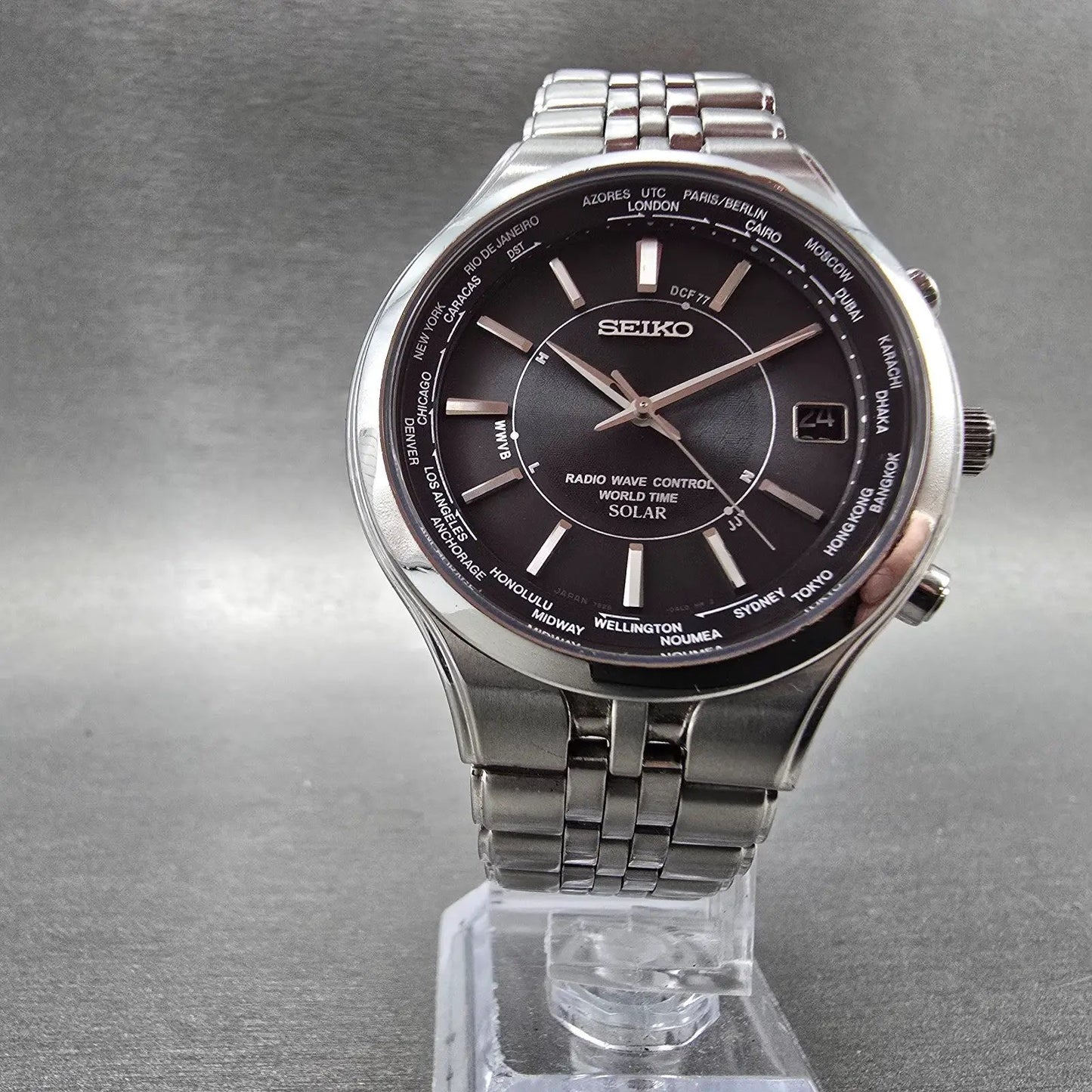 Seiko World Time Solar Watch Men 39mm Black Dial SteelAtomic 7B25-0AG0 READ!!!!!7
