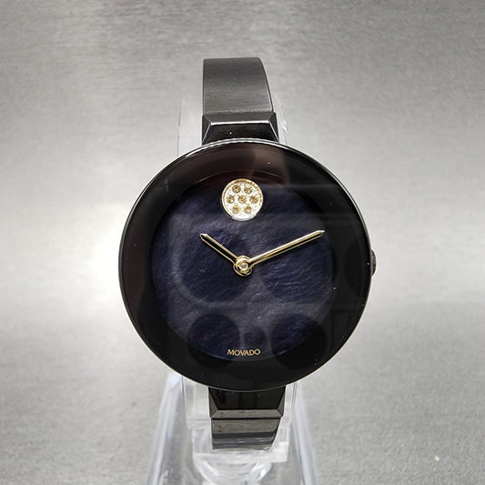 Movado Bold Bangle Watch Women 28mm MOP Dial Black Tone Round 3600775 New Batt0
