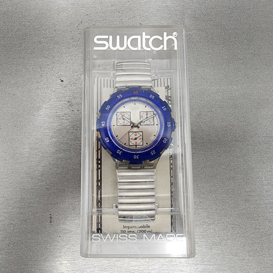 Swatch Aquachrono Watch Men 43mm Silver Dial Clear Case Round SBK117 READ!!!!