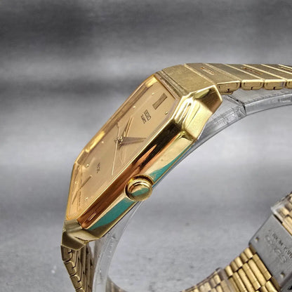 Seiko SX Watch Men 27mm Gold Dial Gold Tone Rectangle 5Y95-5020 New Battery VTG2
