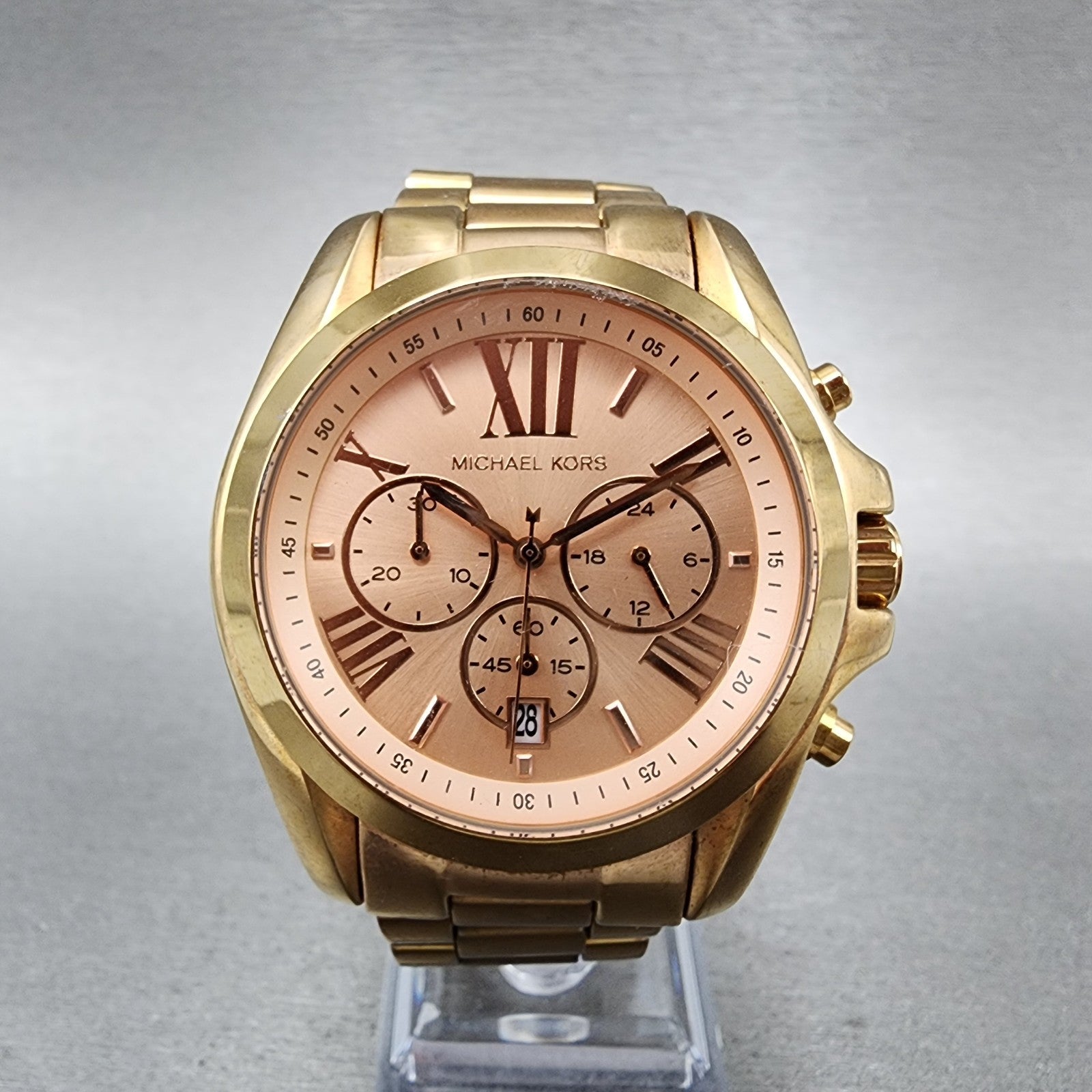 Michael Kors Bradshaw Chronograph Watch Women 45mm Pink Dial Date New Battery0