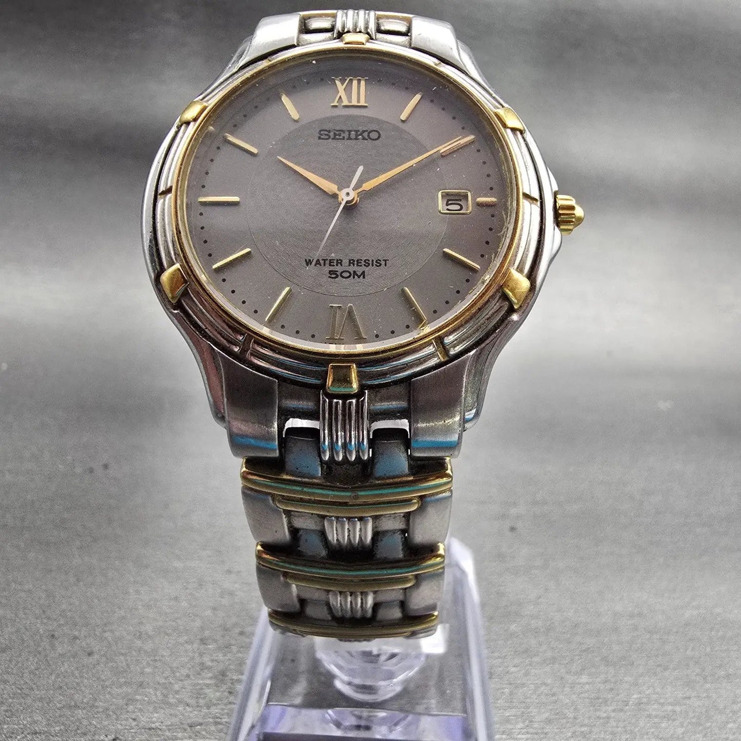 Seiko Watch Men 35mm Silver Dial Two Tone Date Round 7N32-0149 New Battery VTG5