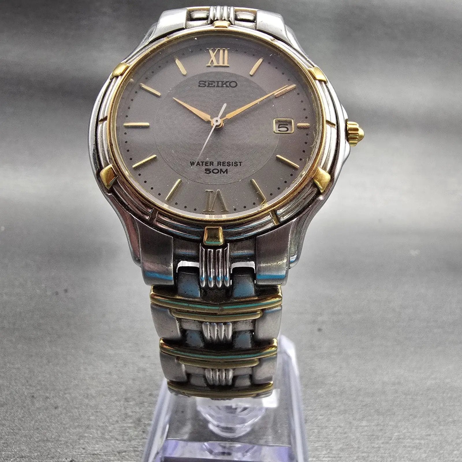 Seiko Watch Men 35mm Silver Dial Two Tone Date Round 7N32-0149 New Battery VTG5