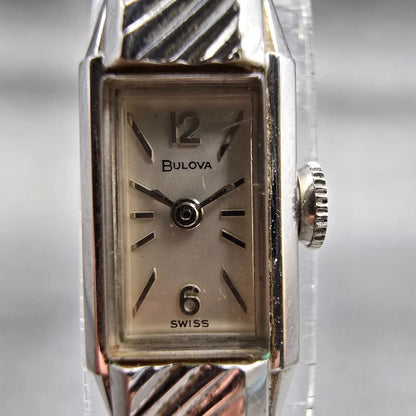 Bulova Watch Women 10mm Silver Dial White Gold Rectangle Manual Wind Vintage1