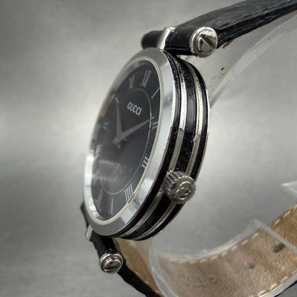 Gucci 2040M Watch Men 30mm Black Dial Silver Tone Leather Round New Battery2