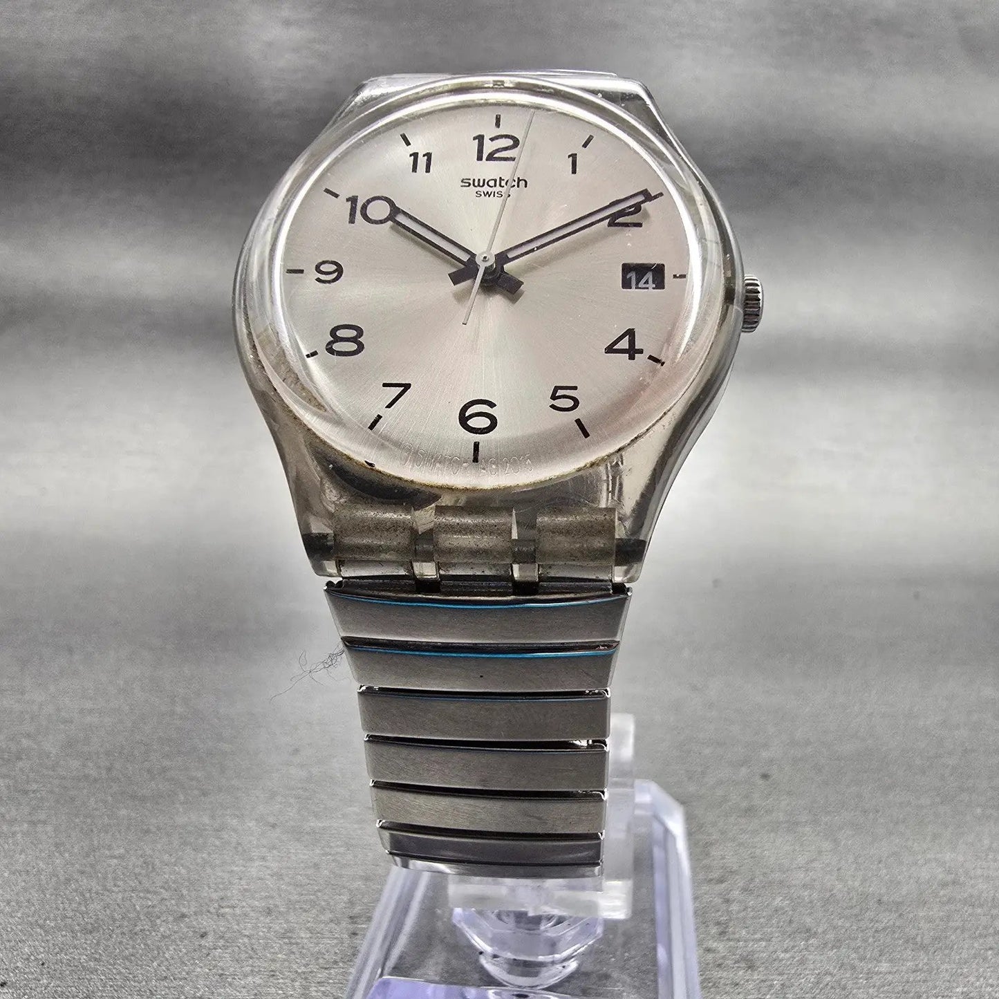 Swatch Silverall Watch Men 34mm Silver Dial Clear Case Date GM416 New Battery5