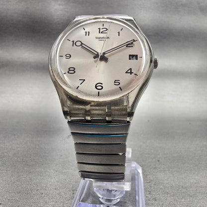 Swatch Silverall Watch Men 34mm Silver Dial Clear Case Date GM416 New Battery5