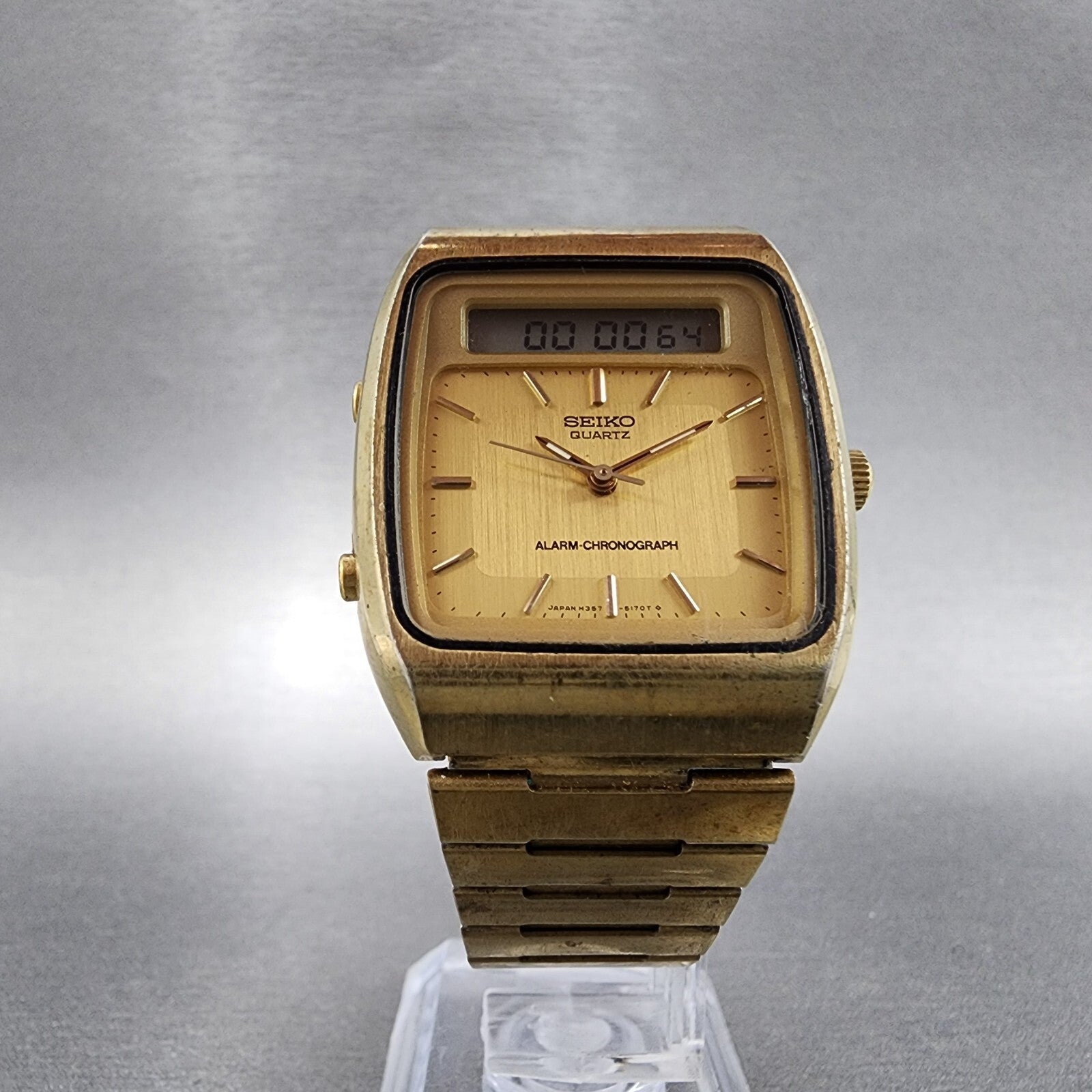Seiko Analog Digital Watch Men 32mm Gold Dial Gold Tone H3575109 New Battery5