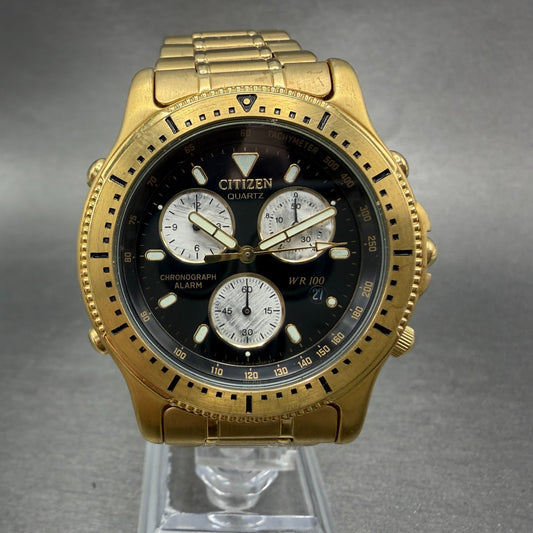 Citizen Chronograph Watch Men 39mm Black Dial Gold Tone Date Alarm new Battery0