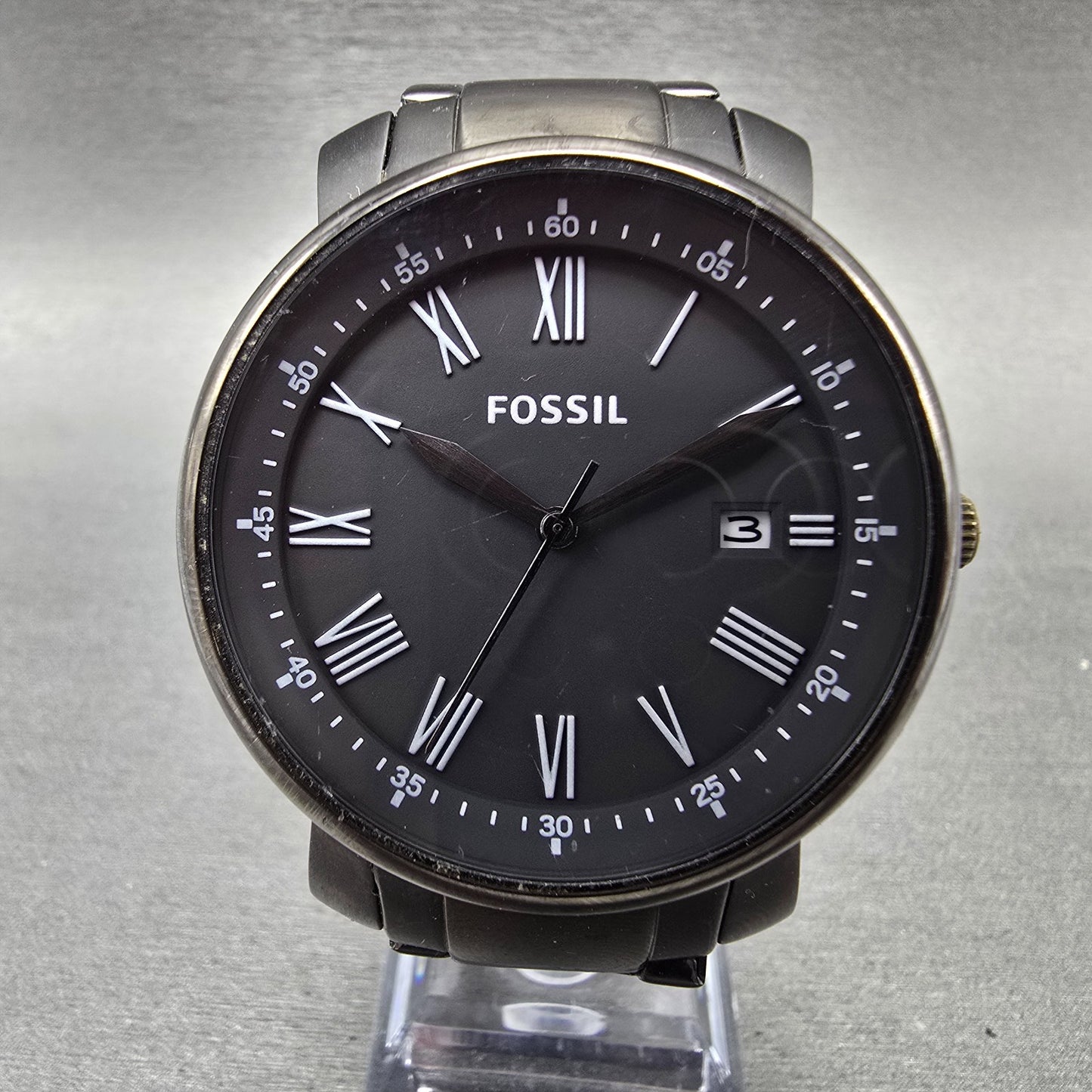 Fossil Watch Men 42mm Black Dial Black Tone Date Round BQ1013 New Battery0