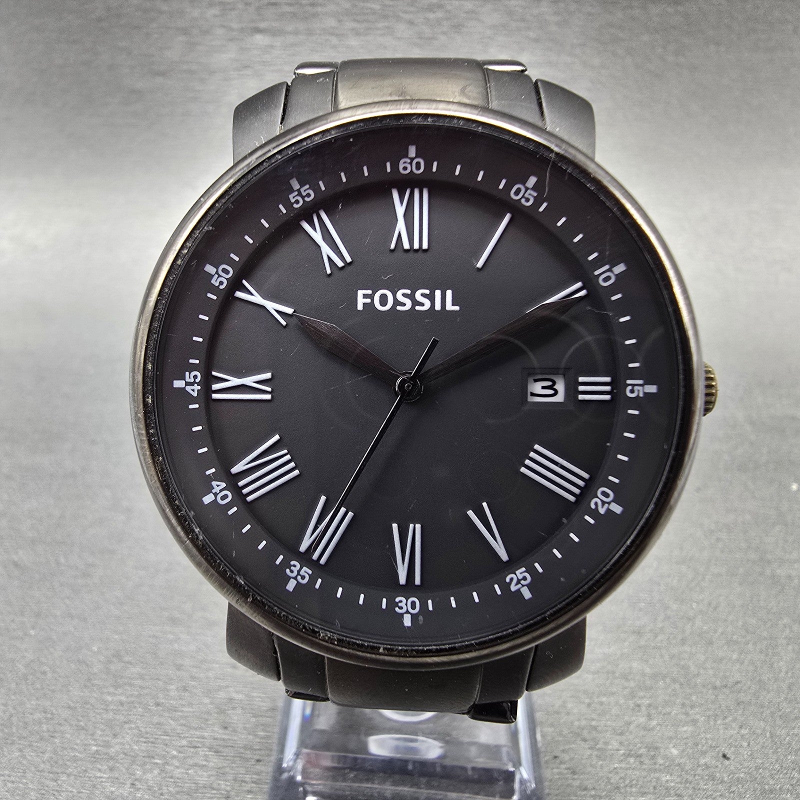 Fossil Watch Men 42mm Black Dial Black Tone Date Round BQ1013 New Battery0