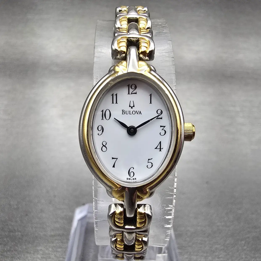 Bulova Watch Women 17mm White Dial Two Tone Oval 98L66 New Battery0