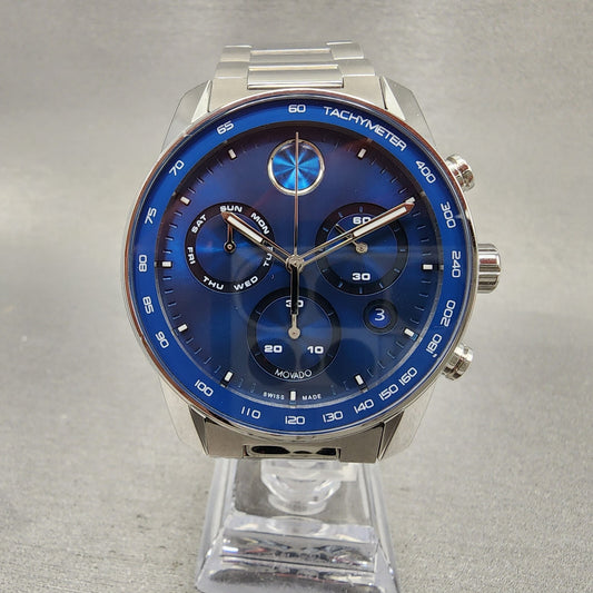 Movado Bold Verso Chronograph Watch Men 44mm Blue Dial Steel Date Round 36008650