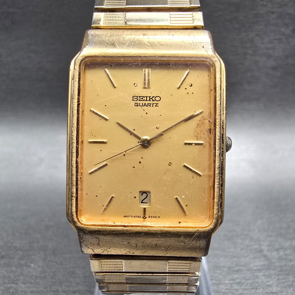 Seiko Tank Watch Men 25mm Gold Dial Gold Date Rectangle 5Y32-5129 New Battery0